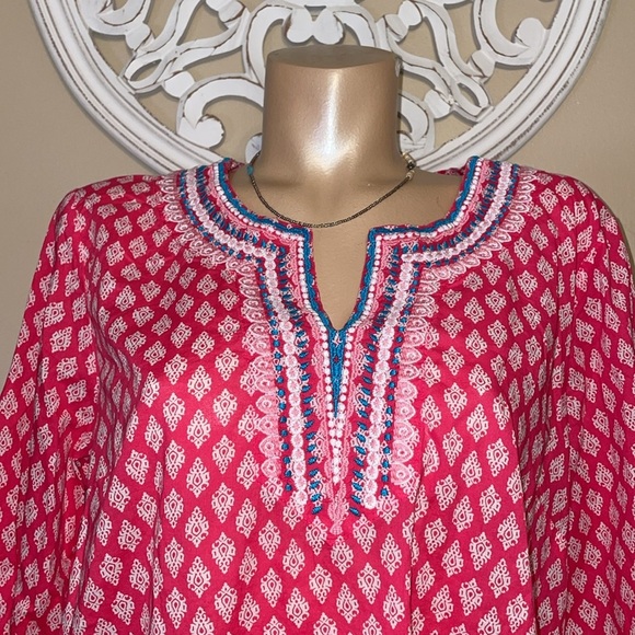 Talbots women’s XL 16 18 tunic top blouse pink white pattern embroidered cotton - Picture 2 of 11